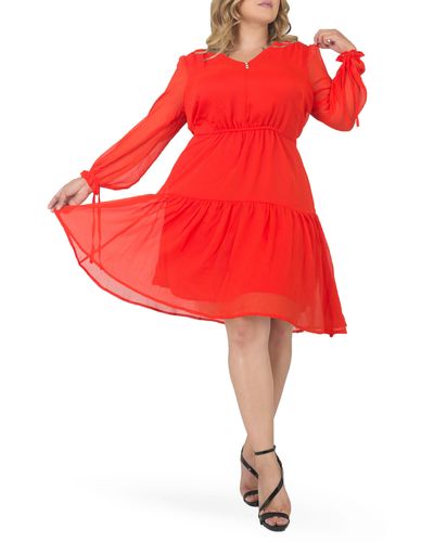 Standards & Practices Prairie Chiffon Long Sleeve Dress - Red