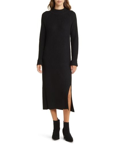 Caslon Caslon(r) Mock Neck Long Sleeve Ribbed Sweater Dress - Black