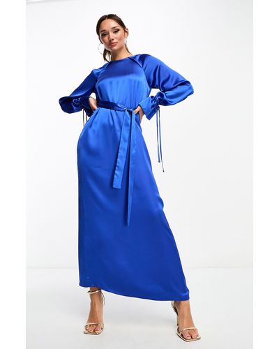 ASOS Belted Long Sleeve Satin Maxi Dress - Blue