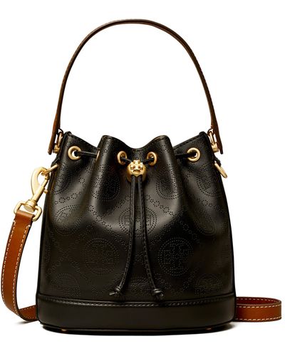 Tory Burch T Monogram Perforated Leather Bucket Bag - Black