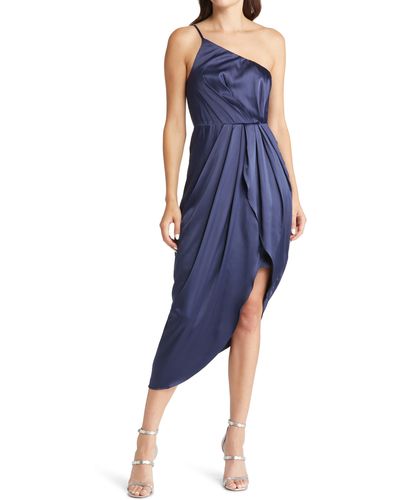 Lulus Law Of Attraction On-shoulder Satin Cocktail Dress - Blue