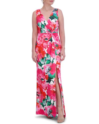 Eliza J Floral Twist Front Sleeveless Gown - Red