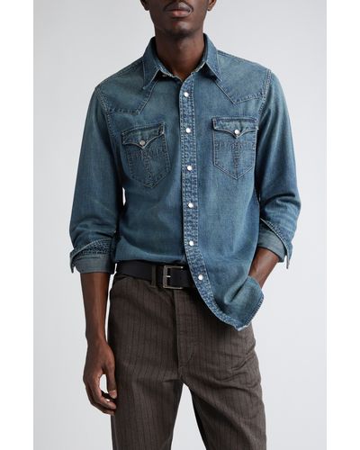 Ralph Lauren Buffalo West Slim Fit Denim Western Snap-up Shirt - Blue