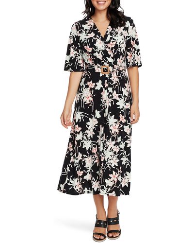 Chaus Floral Wrap Front Belted Midi Dress - Black