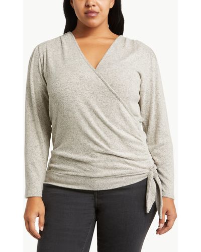 Loveappella Wrap Front Side Tie Knit Top - Gray