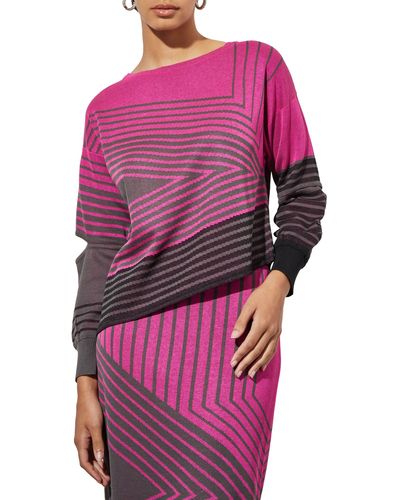 Ming Wang Stripe Asymmetric Split Sleeve Sweater - Pink