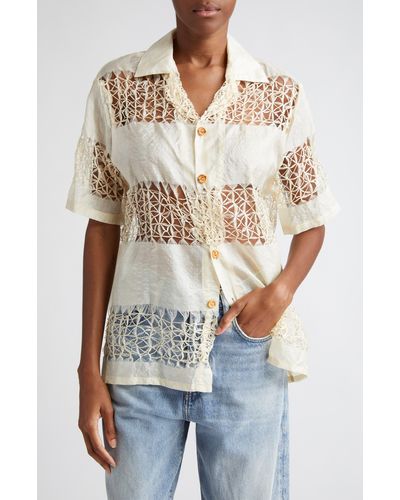 House of Aama Anancy Paneled Silk Button-up Shirt - Natural