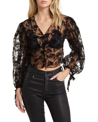 House Of Sunny La Thorn Embroidered Mesh Top - Black