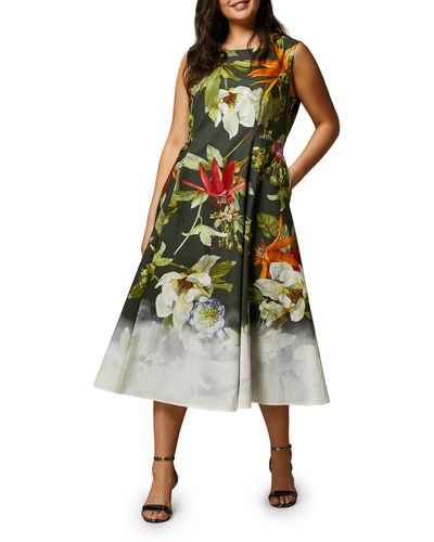 Marina Rinaldi Trento Placed Floral Sleeveless Cotton Poplin Dress - Green