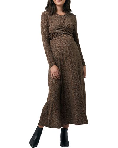 Ripe Maternity Shae Animal Print Cross Front Long Sleeve Maternity Dress - Brown