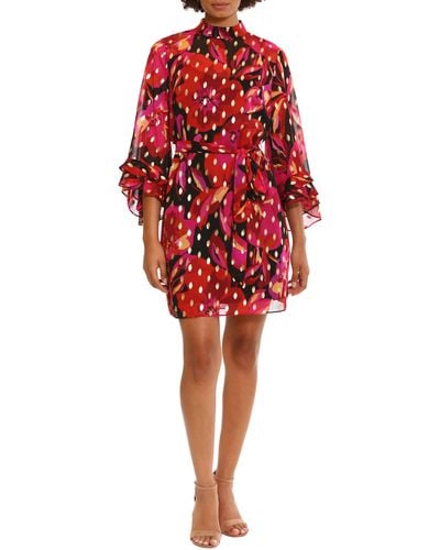 DONNA MORGAN FOR MAGGY Floral Ruffle Flare Sleeve Dress - Red