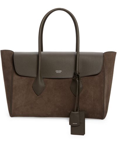 Ferragamo Large Leather & Suede Flap Tote - Brown