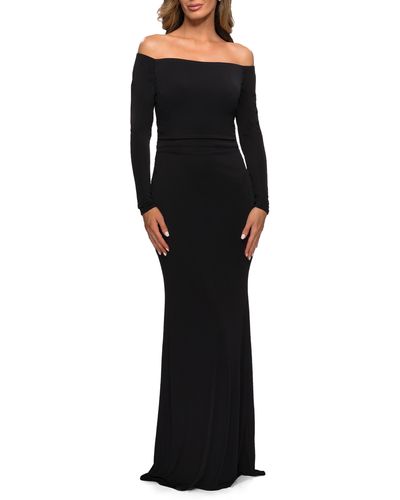 La Femme Off The Shoulder Long Sleeve Jersey Gown - Black