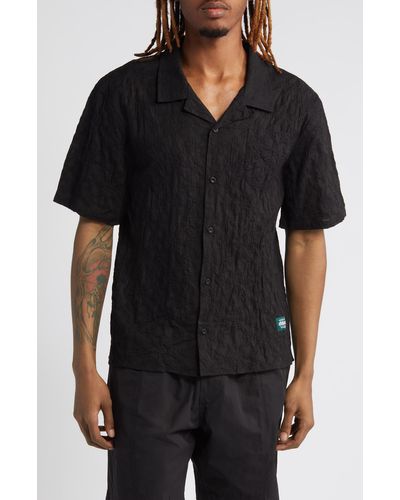 Afield Out Textured Floral Short Sleeve Cotton Button-up Shirt - Black