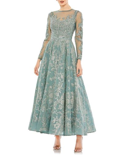 Mac Duggal Beaded Floral Long Sleeve Illusion Lace Gown - Green