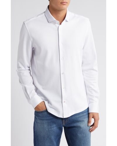 Stone Rose Solid Performance Piqué Button-up Shirt - White