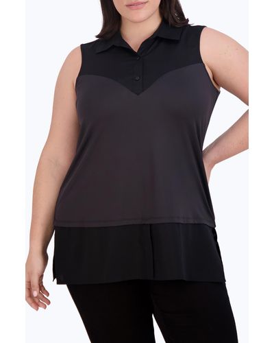 Foxcroft Mixed Media Sleeveless Button-up Shirt - Black