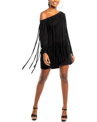 DAI MODA One-shoulder Long Sleeve Fringe Minidress - Black