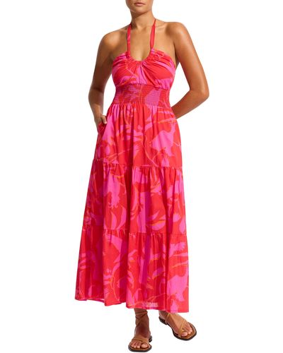 Seafolly Birds Of Paradise Halter Tiered Cotton Cover-up Maxi Dress