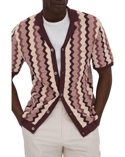 Reiss Summer Pointelle Zigzag Stripe Knit Button-up Shirt - Pink