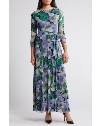 Anne Klein Floral Print Mesh Maxi Dress - Green