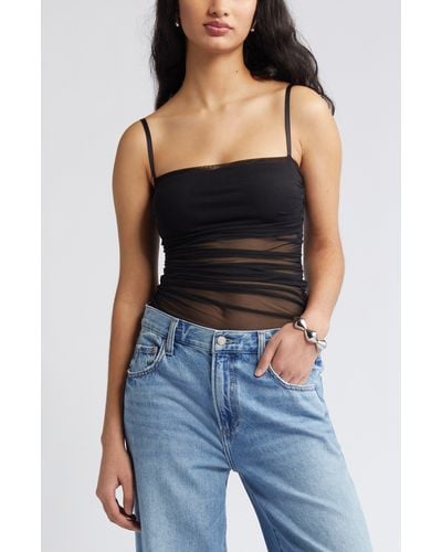 Open Edit Ruched Mesh Camisole - Black
