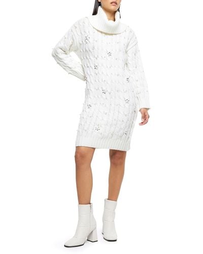River Island Imitation Pearl Embellished Long Sleeve Turtleneck Sweater Dress - White