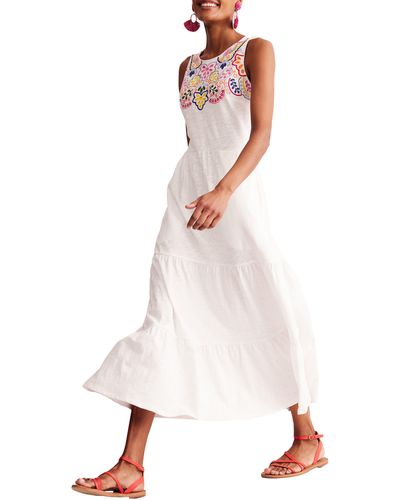 Boden Embroidered Sleeveless Tiered Cotton Midi Dress - White