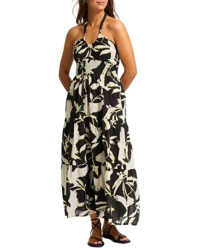 Seafolly Birds Of Paradise Halter Tiered Cotton Cover-up Maxi Dress - Black