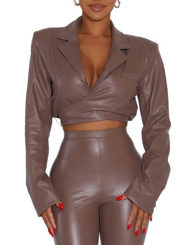 Naked Wardrobe Good Crop Wrap Faux Leather Blazer - Brown