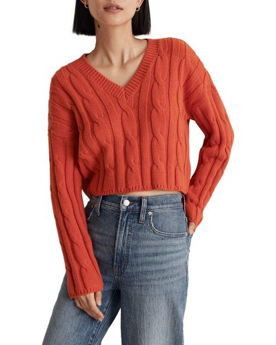 Madewell Cable Knit V-neck Crop Sweater - Red