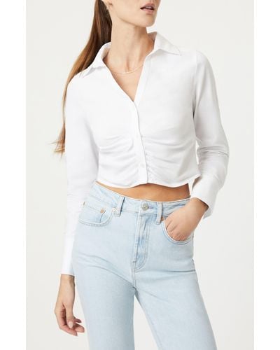 Mavi Ruched Crop Cotton Button-up Shirt - White