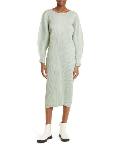 Pleats Please Issey Miyake Monthly Colors November Pleated Long Sleeve Midi Dress - Green