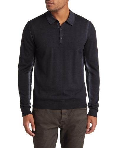 John Varvatos Gustave Magic Wash Long Sleeve Wool Blend Polo Sweater - Black