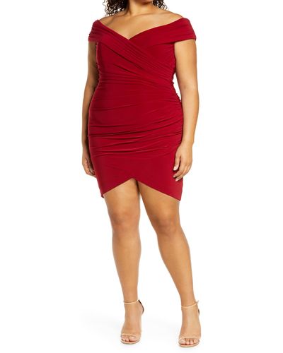 La Femme Off The Shoulder Jersey Ruched Sheath Minidress - Red