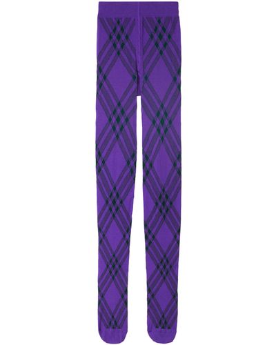 Burberry 3 Bar Intarsia Check Wool Blend Tights - Purple