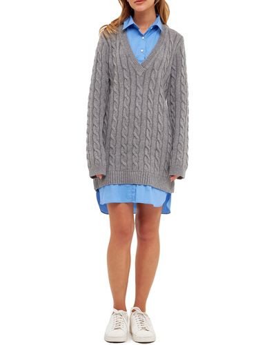 English Factory Mixed Media Cable Stitch Long Sleeve Sweater Dress - Gray