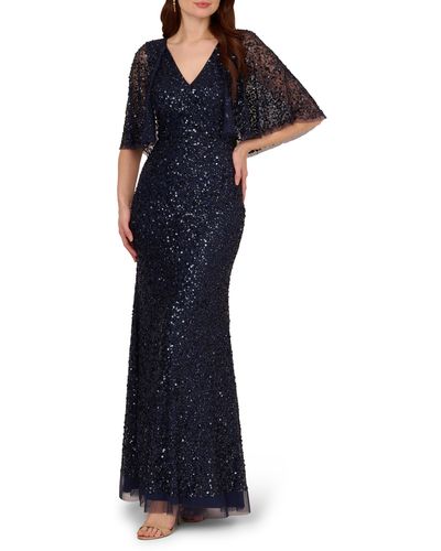 Adrianna Papell Sequin Capelet Mermaid Gown - Blue