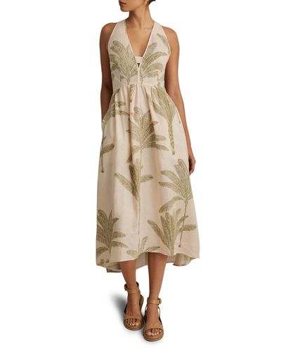 Reiss Anna Foliage Print Linen Midi Dress - Natural