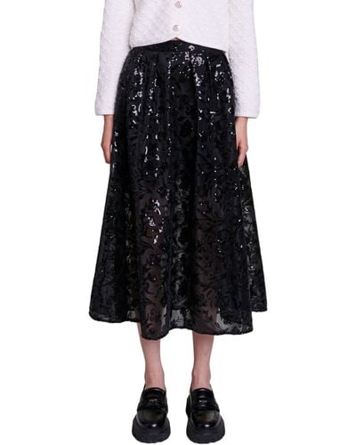 Maje Jupon Sequin Mesh Midi Skirt - Black