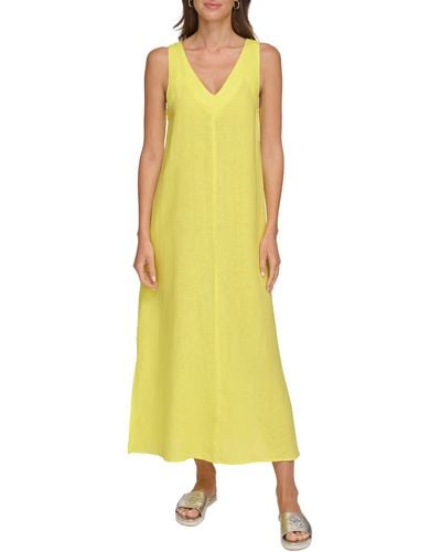 DKNY V-neck Linen Maxi Dress - Yellow