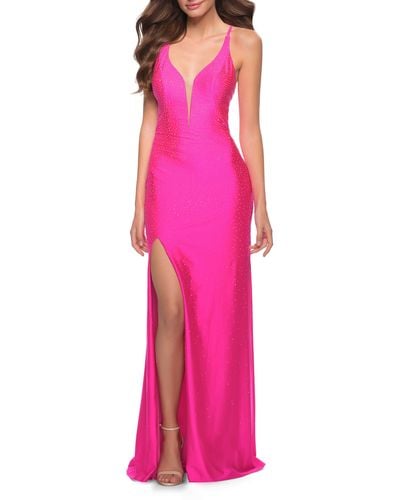 La Femme Rhinestone Plunge Neck Gown - Pink