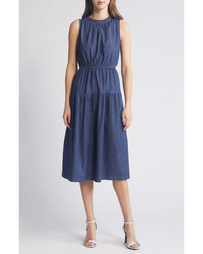 Anne Klein Tiered Denim Midi Dress - Blue