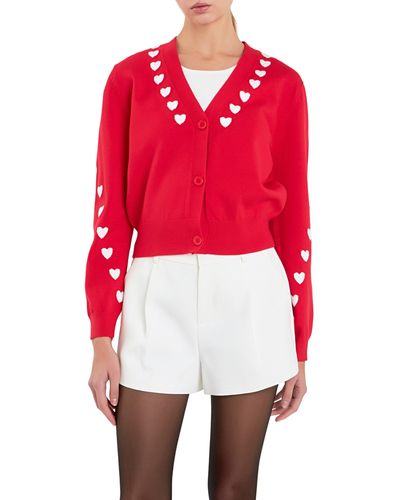 English Factory Heart V-neck Crop Cardigan - Red