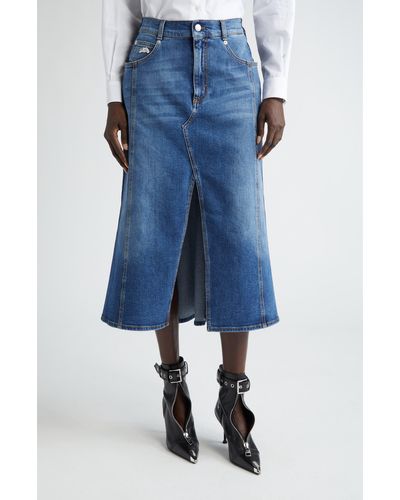 Alexander McQueen Front Vent Denim Midi Skirt - Blue