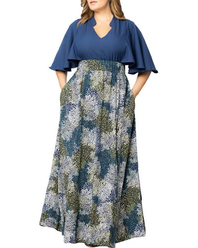 Kiyonna Avisa Flutter Sleeve Maxi Dress - Blue