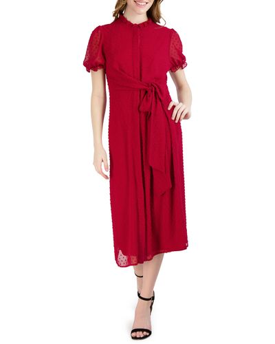 Julia Jordan Swiss Dot Ruffle Tie-front Midi Dress - Red