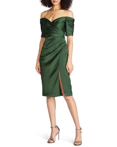THEIA Holland Pleated Off The Shoulder Satin Cocktail Dress - Green