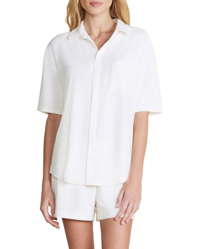 Barefoot Dreams Cozy Terry Short Sleeve Button-up Shirt - White