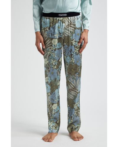 Tom Ford Botanical Print Stretch Silk Pajama Pants - Blue